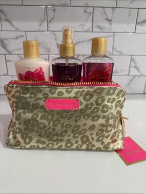 Victoria's Secret Gold Leopard Cosmetic Pouch with Hot Pink Trim